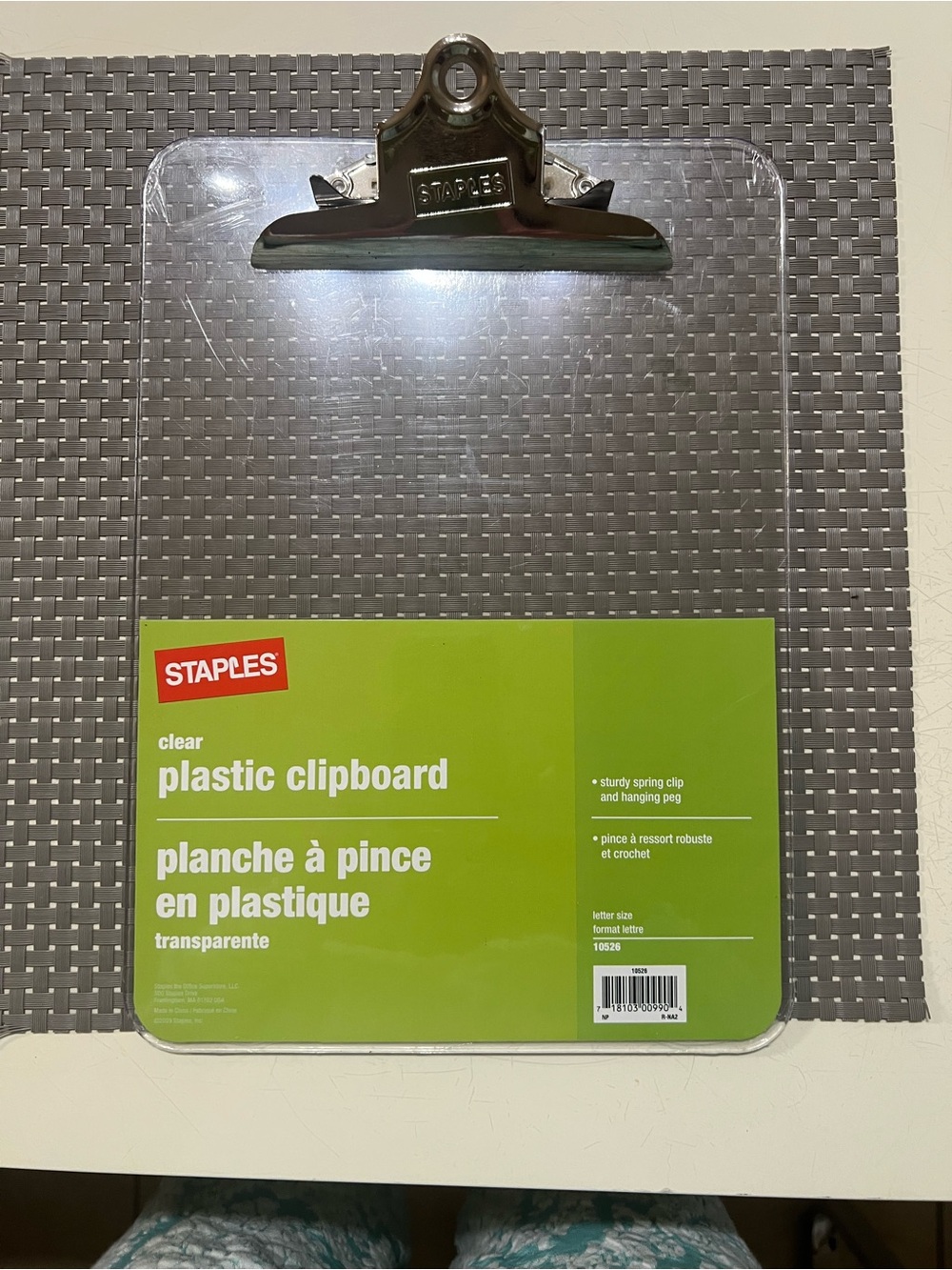 Staple Clear Clipboard with Silver Metal Clip and Green Label